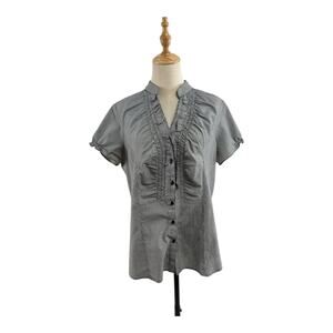 Cato Short Sleeve Micro Pin Stripe Short Sleeve Ruffle Front, Size L